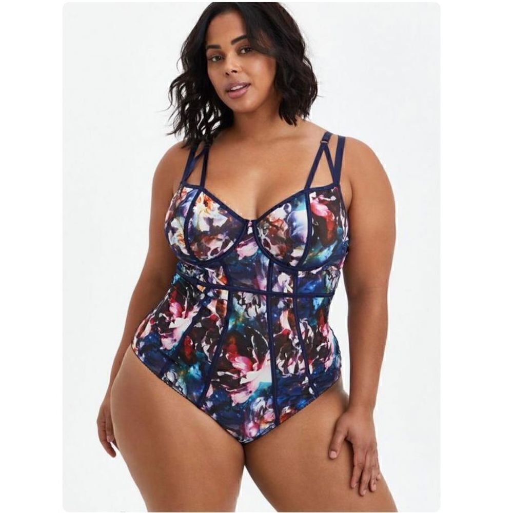 Torrid blue floral galaxy mesh piping bodysuit